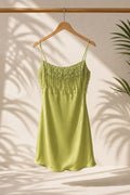 Lime Beaded Fringe Satin Mini Dress
